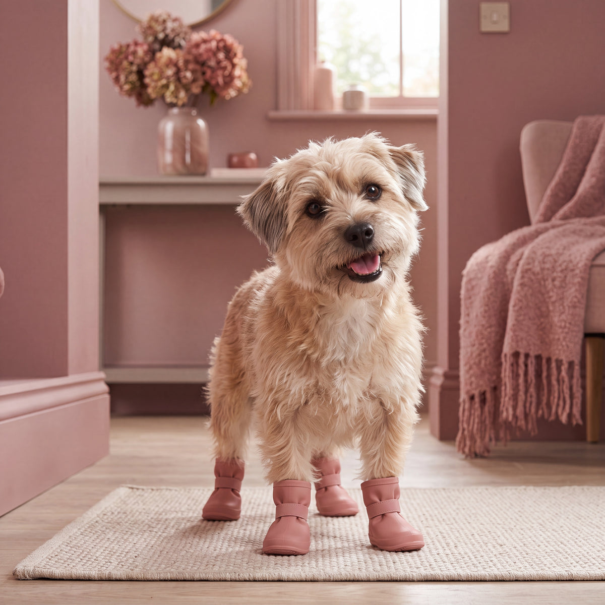 Small fluffy terrier mix dog wearing blush pink water-resistant dog shoes, standing on a doormat in a modern home.